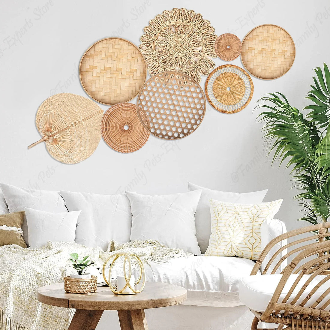 Natural wall basket decor pieces, boho rattan round designs (8pieces)